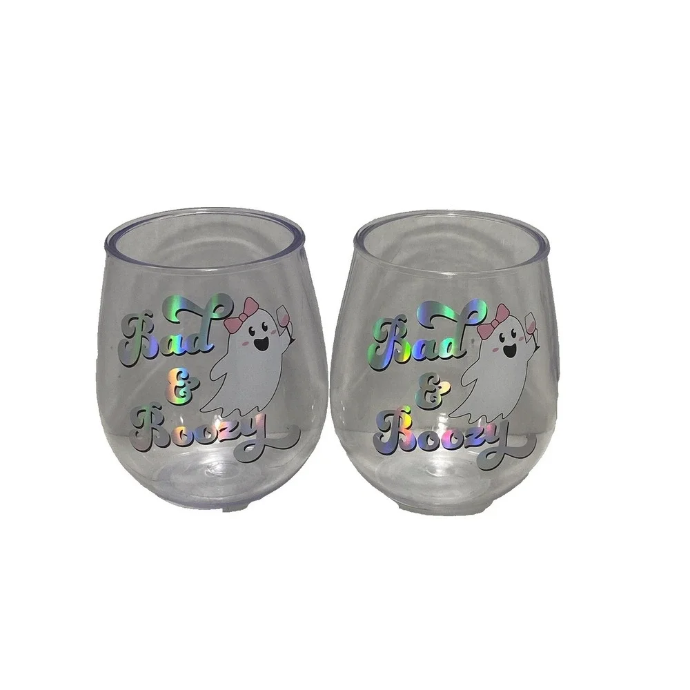 HALLOWEEN‎ stemless plastic wine glass BAD & BOOZY lot of 2